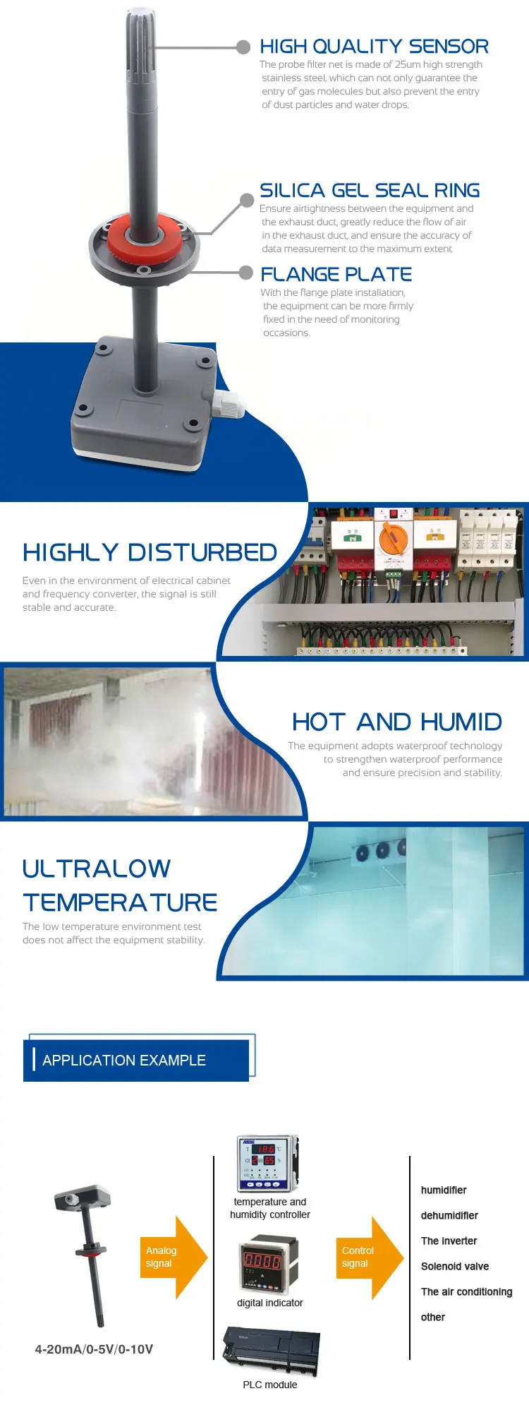 Analog 0-5V 0 10v 0-10V 4-20ma duct humidity temperature sensor for container ventilation