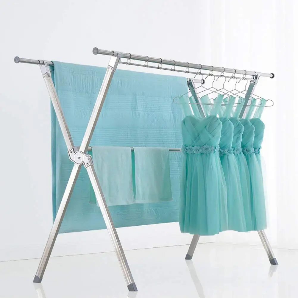 SKKGN Clothes laundry Drying rack, Telescopic Foldable Double rods Dryer Indoor and outdoor Drying clothes and quilts-silver