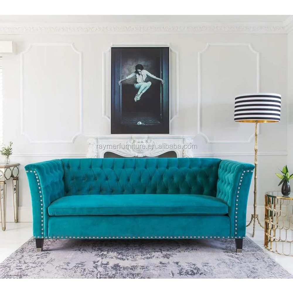 Raymer Muebles Abotonado Lujo 3 Plazas Sofá Azul Francés Terciopelo ... Raymer Muebles Abotonado Lujo 3 Plazas Sofá Azul Francés Terciopelo ...