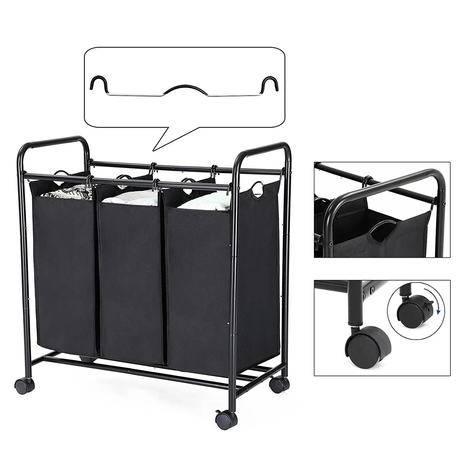 Hot Selling Household Dirty Laundry 3 Sections Cloth Laundry Cart With