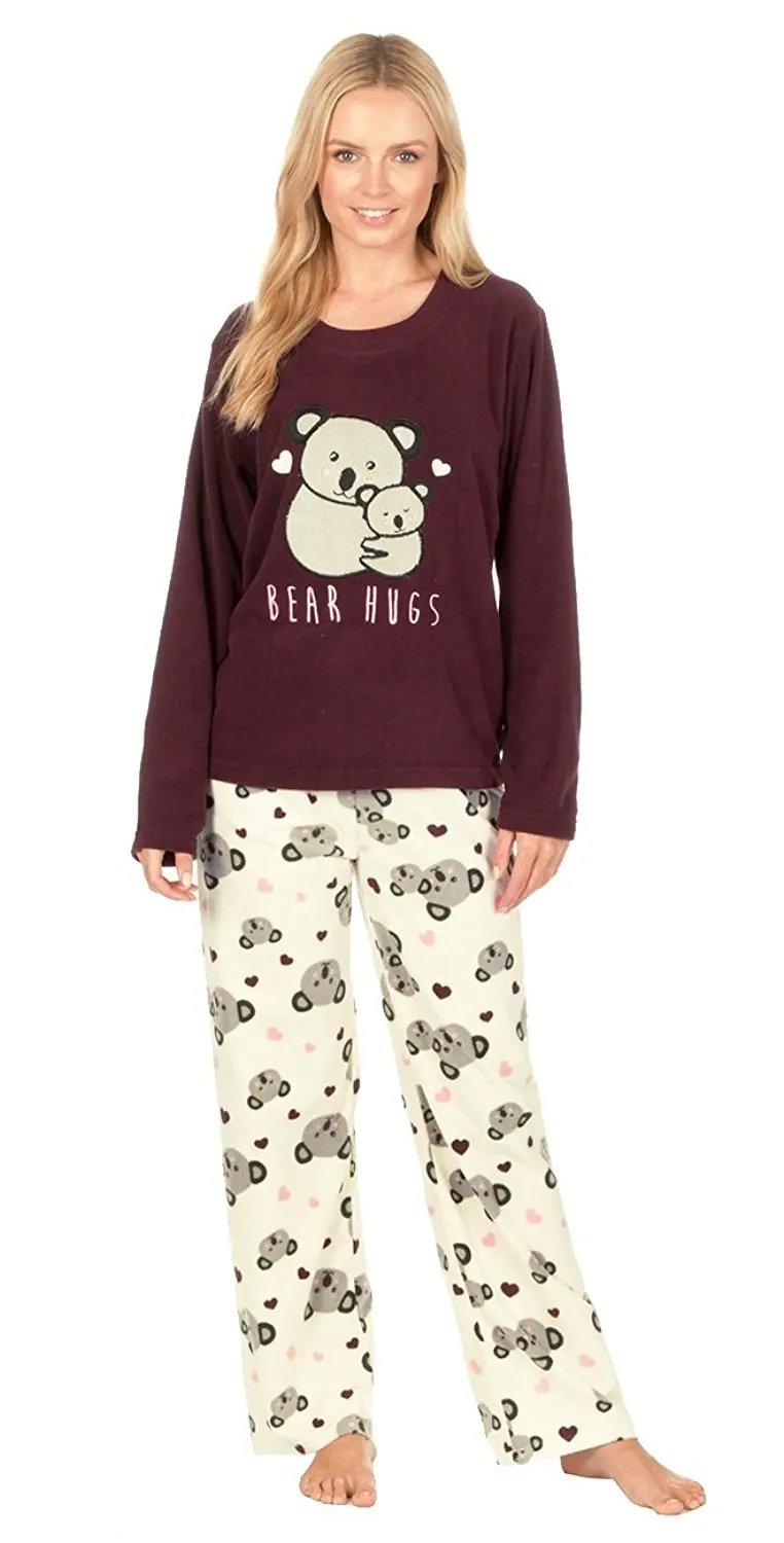 Ladies Bear Design Novelty Thermal Fleece Pyjama Set