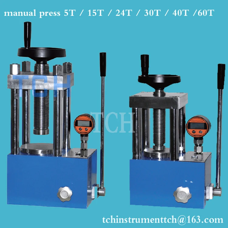15T Lab Manual Hydraulic Powder Pellet Press Machine with optional safety cover and digital pressure gauge for powder pressing