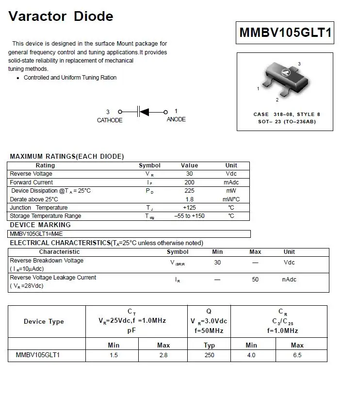 Smd Varactor Diode Mmbv105glt1 Sot23 /to236ab Package 30v 200ma Buy