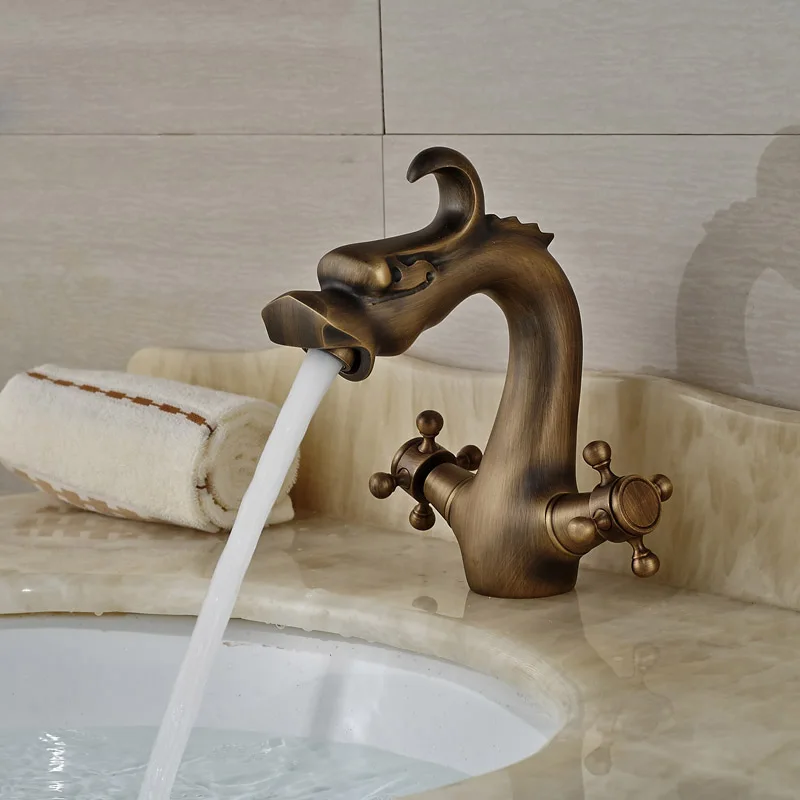 Chinese Dragon Style Washroom Faucets Dual Handle Single Hole Deck