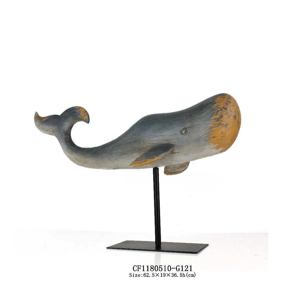 Artificial Resin Imitation Wooden Whale Sculpture with Metal Base Creative Gift supplier