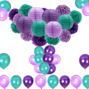 Teal Lavender Purple Pom Poms Lanterns Balloons Mermaid Birthday
