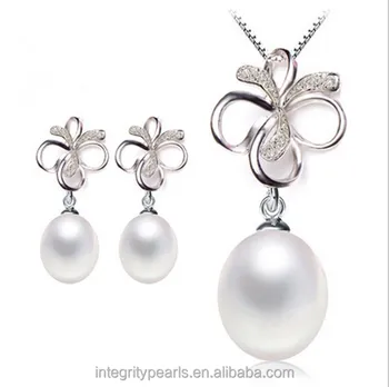 925 Silver Pearl Pendant And Earring Ribbon Bow Real Genuine Elegant 925 Silver Pearl Pendant And Earring Ribbon Bow Real Genuine Elegant Set Design
