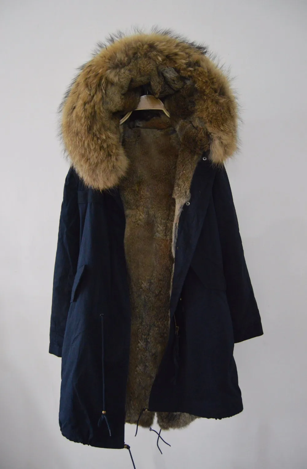 buy blue faux fur coat,raccoon fur trim hood,real fur fabric