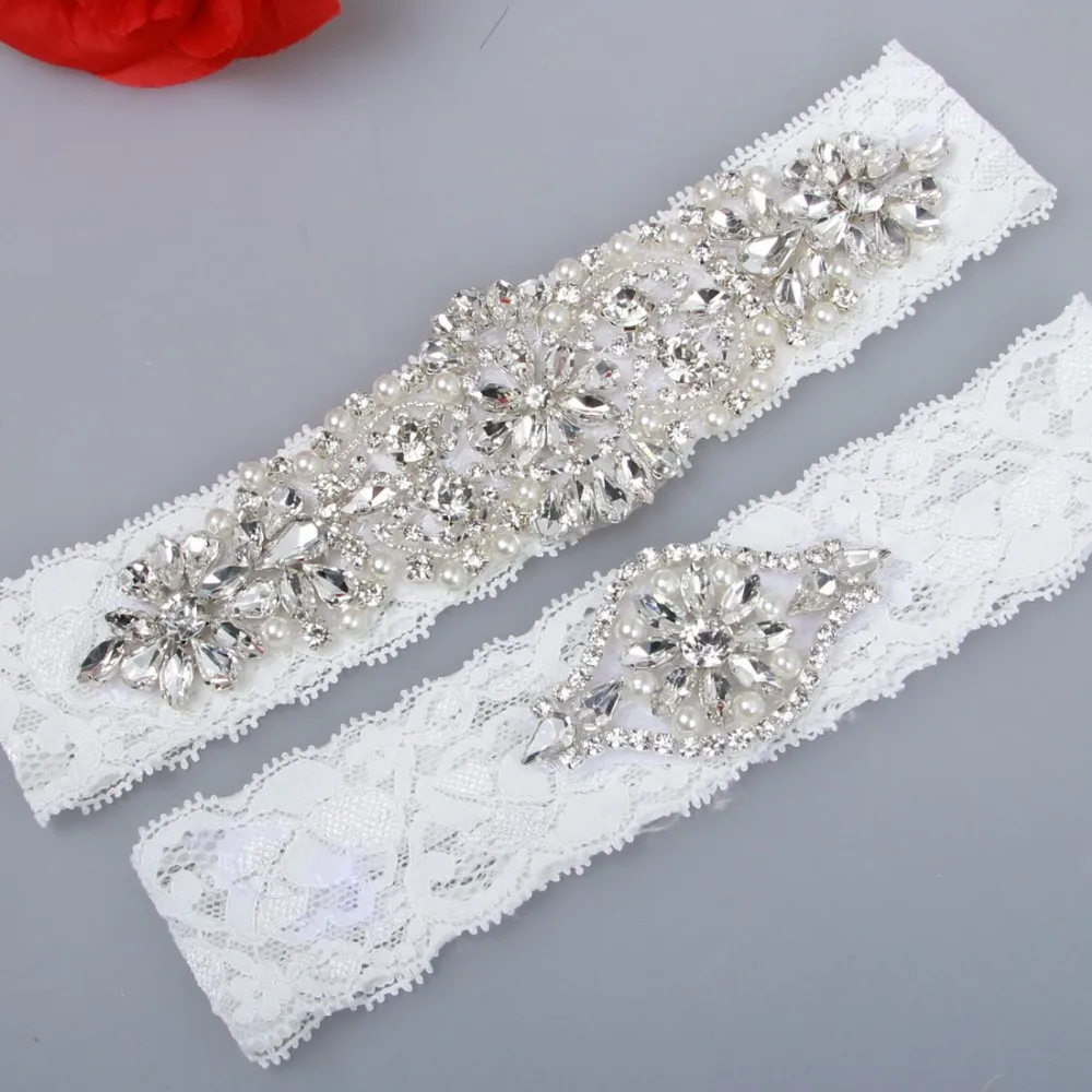 Luxury Crystal Rhinestones Applique Lace Wedding Garter Set For Bride ...