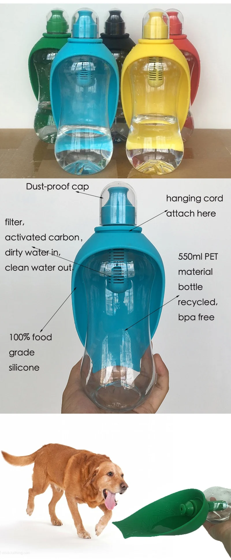 Portable Pet Carbon Activated Filter Reusable Travel Dog Water Bottle