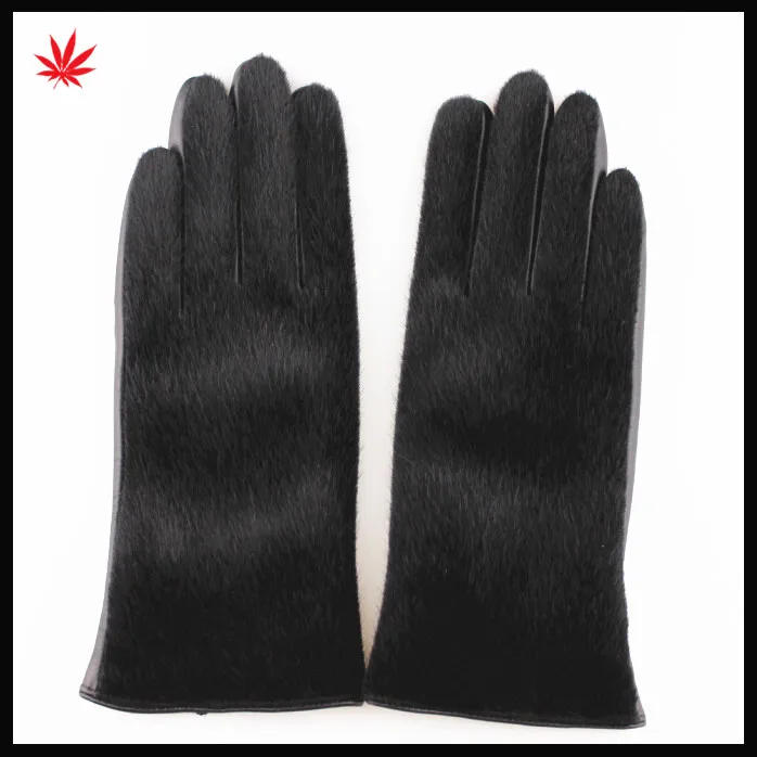 2016 hot sale fashion horse hair black sheep leather gloves