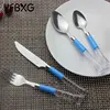 Yuefu fashion transparent plastic handle stainless steel knife spoon and fork 16pcs cutlery set
