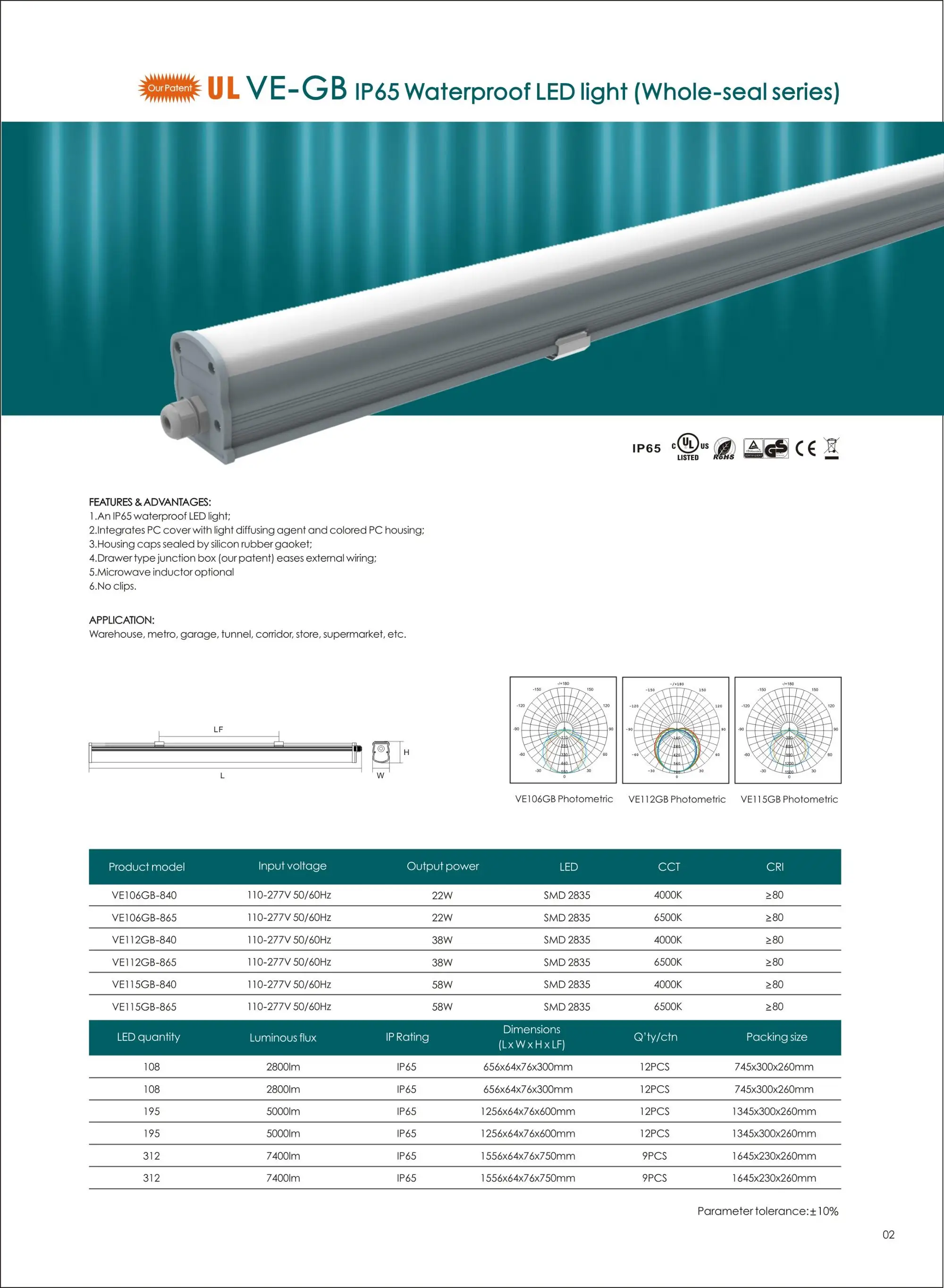 High Quality IP65 linear led light fixture 1.2m length 38w 6500k UL