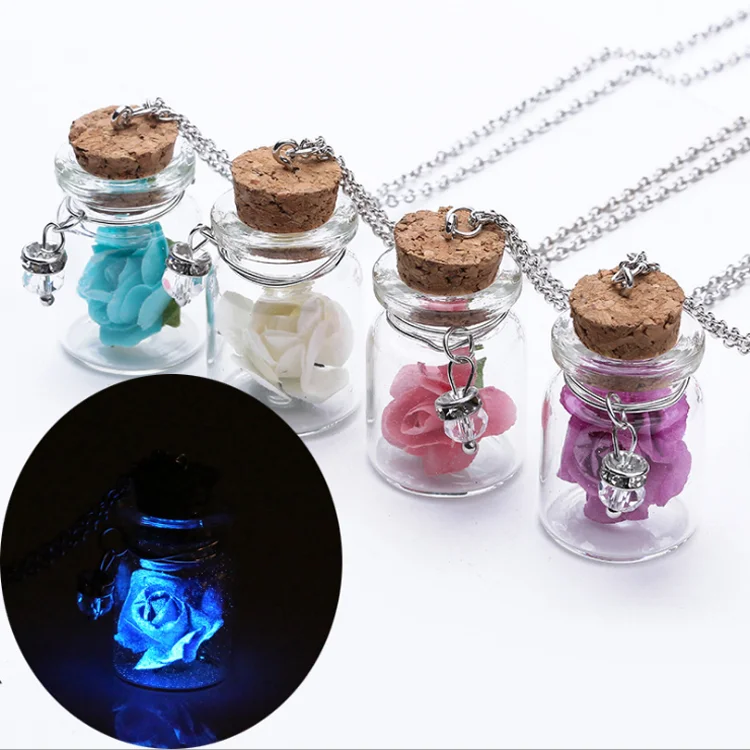 Women Custom Glass Bottle Pendant Jewelry Fashion Real Rose Necklace