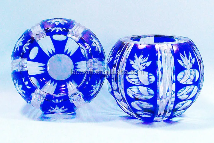 Handmade Bohemia Round Crystal Glass Ashtray Blue With Engraved Pattern