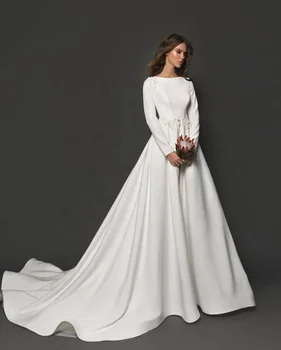 modest dress satin sleeve line simple dresses gown bridal mariage robe beaded larger
