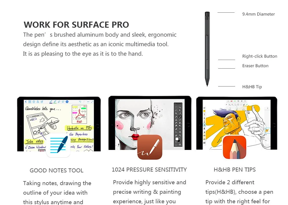 Chinese factory ODM Custom active stylus pen 1024 levels of pressure sensitivity with tilt tablet stylus pen for surface pro