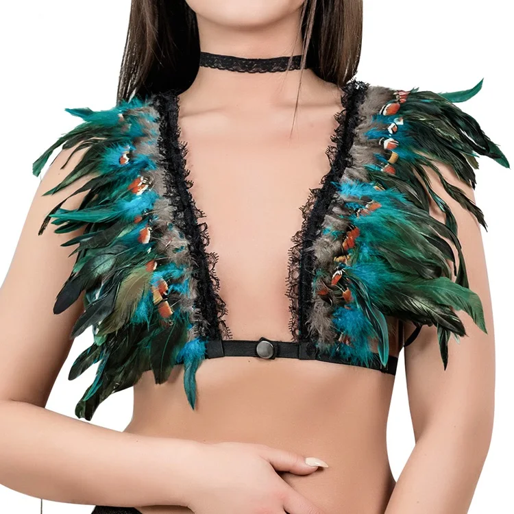 Body Harness Bra Feathers Epaulette Shoulder Wing Strappy Elastic Adjust Crop Top Punk Festival