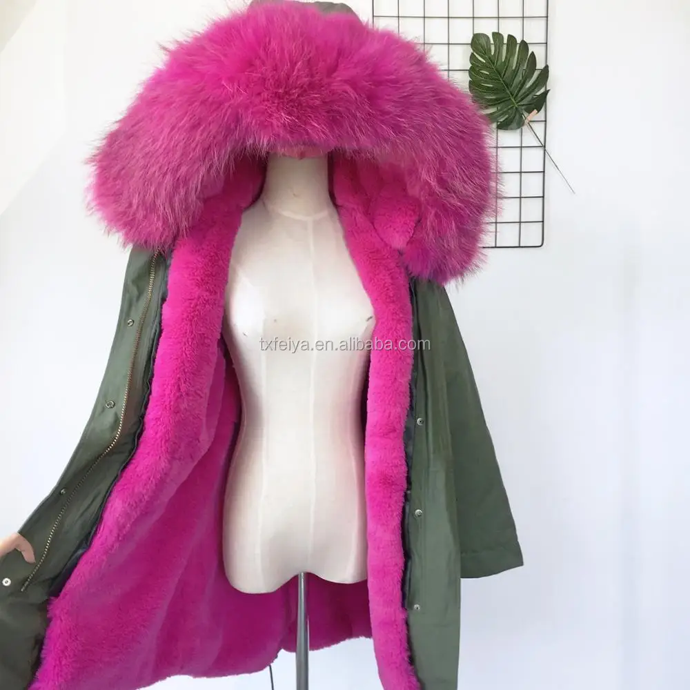 khaki parka with pink fur hood