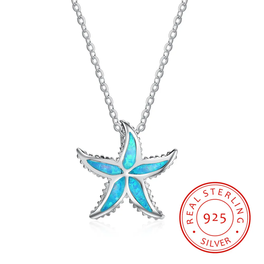 Creado Azul Náutico Opal Inlay Estrella Del Mar Colgante Collar De Tortugas Para Mujer Para Adolescente 925 Plata De Ley 