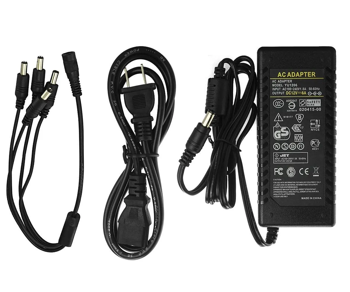 Winkeyes AC 100-240V To DC 12V 6A Switching Power Supply Adapter + DC Power Splitter Cable 1 Female to 4 Male Connector for CCTV Camera/ LED Strip Flexible Lights (12V 6A)