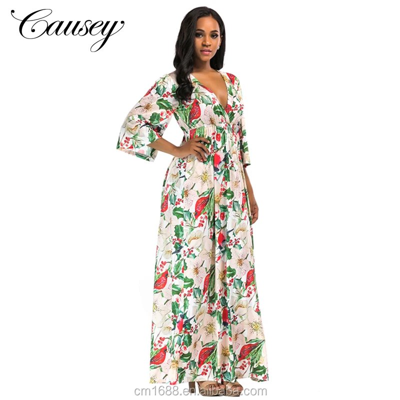 
2018 New Fashion Women Sexy V Neck Half Sleeve Long Dress Pleated Skirt Plus Size 