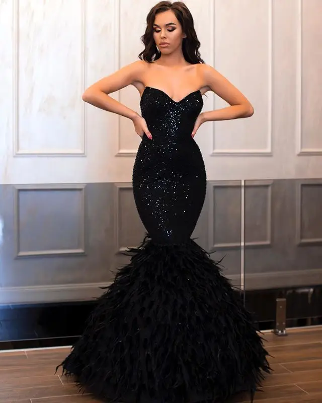 black evening gown with feathers