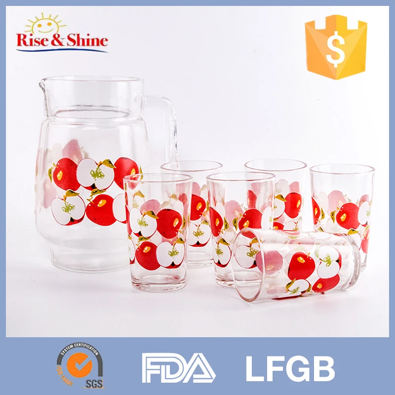 7pcs Glass Jug Set With Decal,Glass Drinking Jug Set For Water Juice