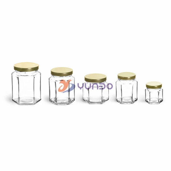 Glass Jars, Clear Glass Hexagon Jars With Gold Lug Caps.jpg