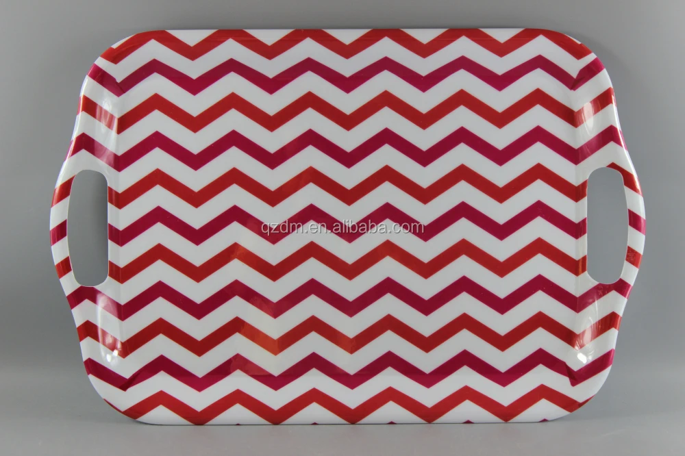 Red Strip Print Melamine Serving Trays With Handles