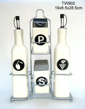 4pcs Ceramic Salt Pepper Oil Vinegar Set With Me Tal Rack Tw902