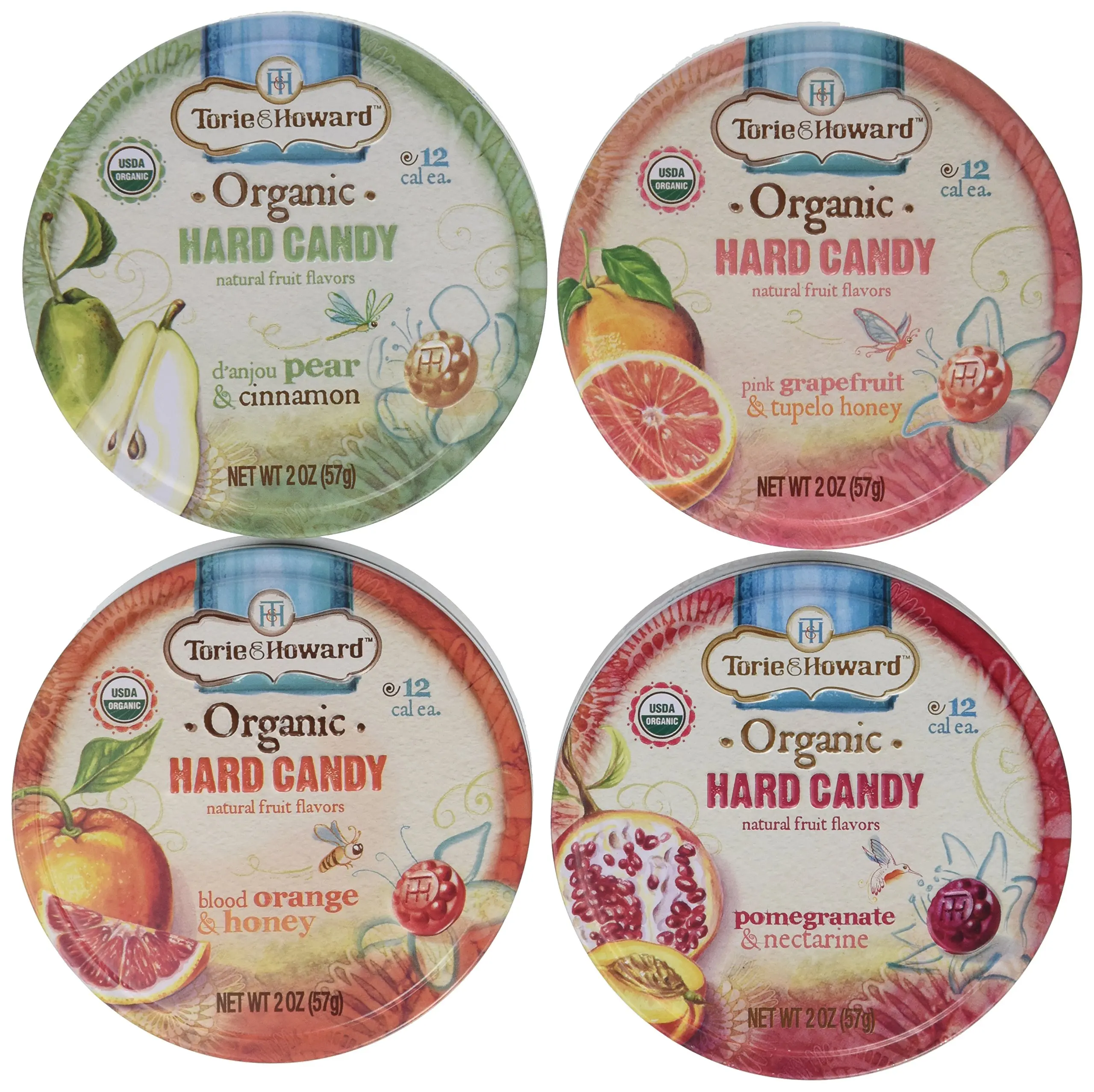 Torie & Howard Organic Hard Candy 4 Flavor Variety Bundle: Blood Orange & Honey, Pomegranate & Nectarine, Pink Grapefruit & Tupelo Honey and D'anjou Pear & Cinnamon, 2 Oz. Ea