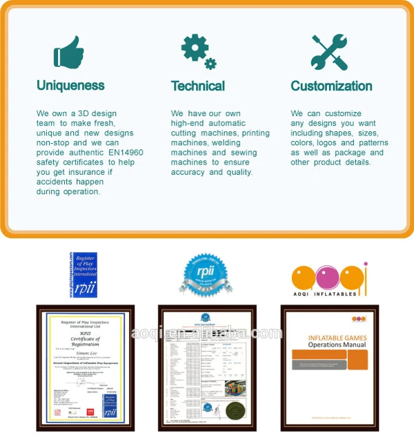 Uniqueness-We own a 3D design team to make fresh,unique and new designs non-stop and we can provide authetic EN14960 safely certificates to help you get insurance if accidents happen during operation.  Technical-We have our own high-end automatic cutting machines,printing machines,welding machines and sewing machines to ensure accuracy and quality.  Customization-We can customize any designs you want including shapes,sizes,colors,logos and pattems as well as package and other product details.
