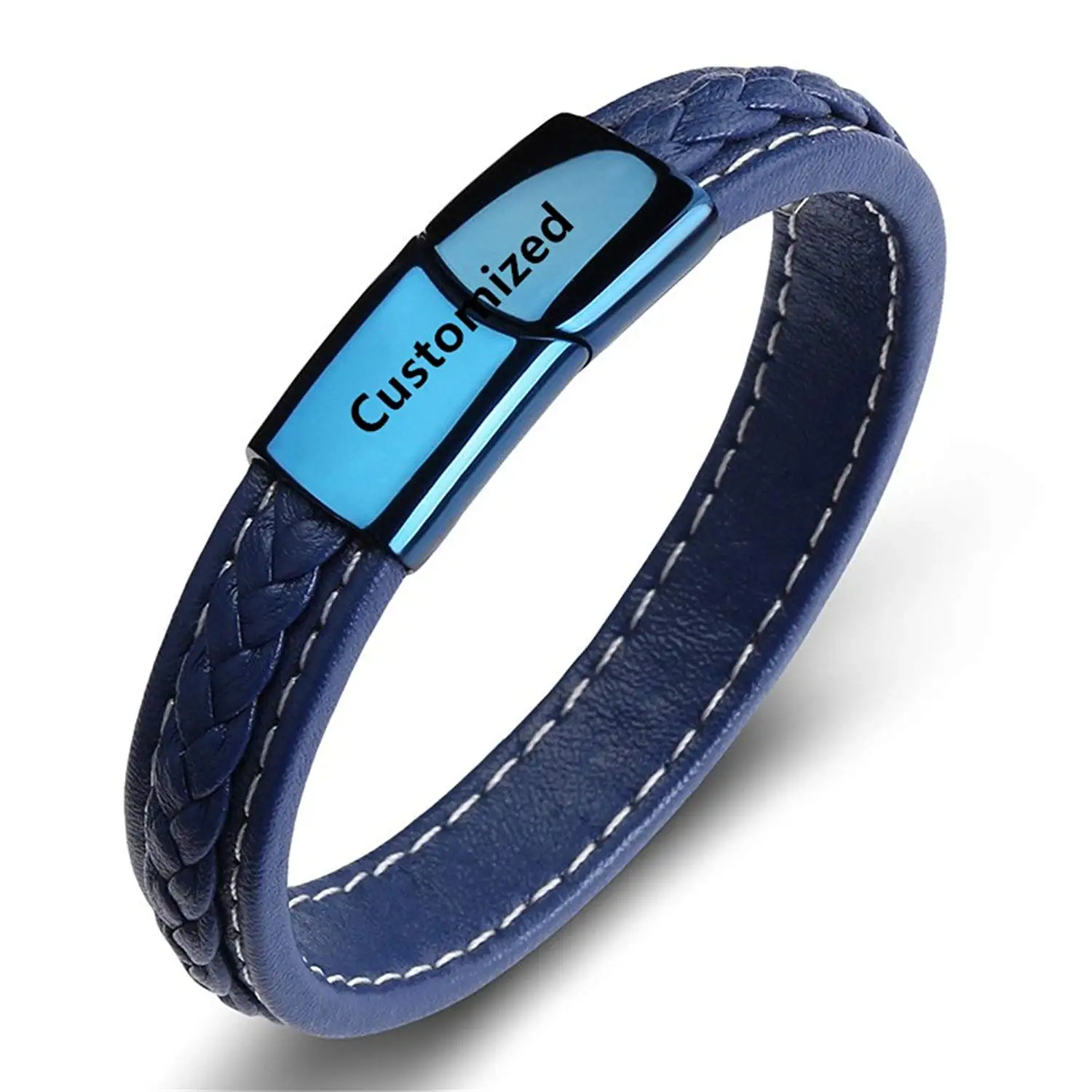 LF Men's Stainless Steel Genuine Handmade Blue Leather Wristband Personalized Name Date Latitude Custom Magnetic Clasp Cuff Bracelets Bangle for Husband Boyfriend Son Gift,Free Engraving Customized