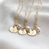 Wholesale 14k Gold Custom Initial Real Shell Pearl Pendant Necklace Stainless Steel Jewelry Mini Coin Engraved Disc Necklace
