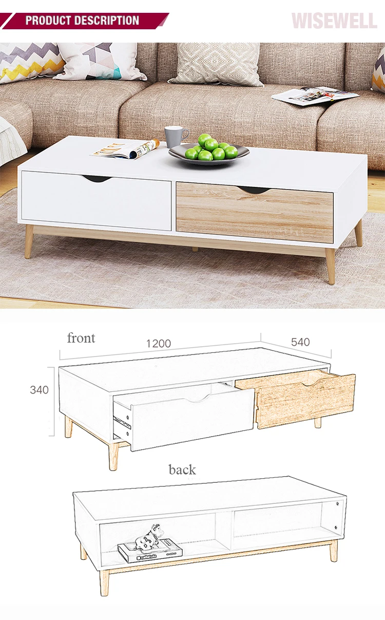 white rectangle simple fashion wood side smart coffee table set