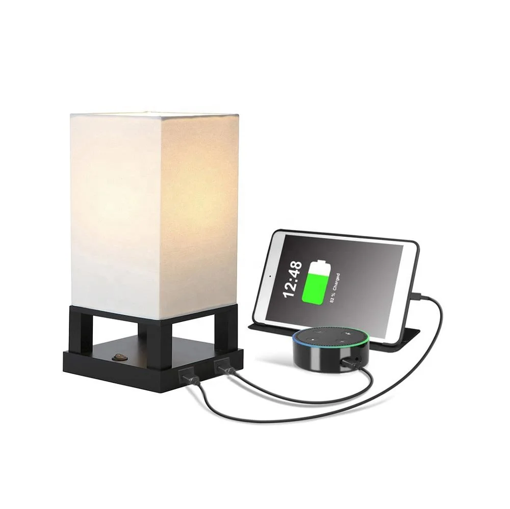 JLT-12567 Square Wood Base Table Desk Lamp With Double USB Charging Ports For Bedroom Bedside Living Room