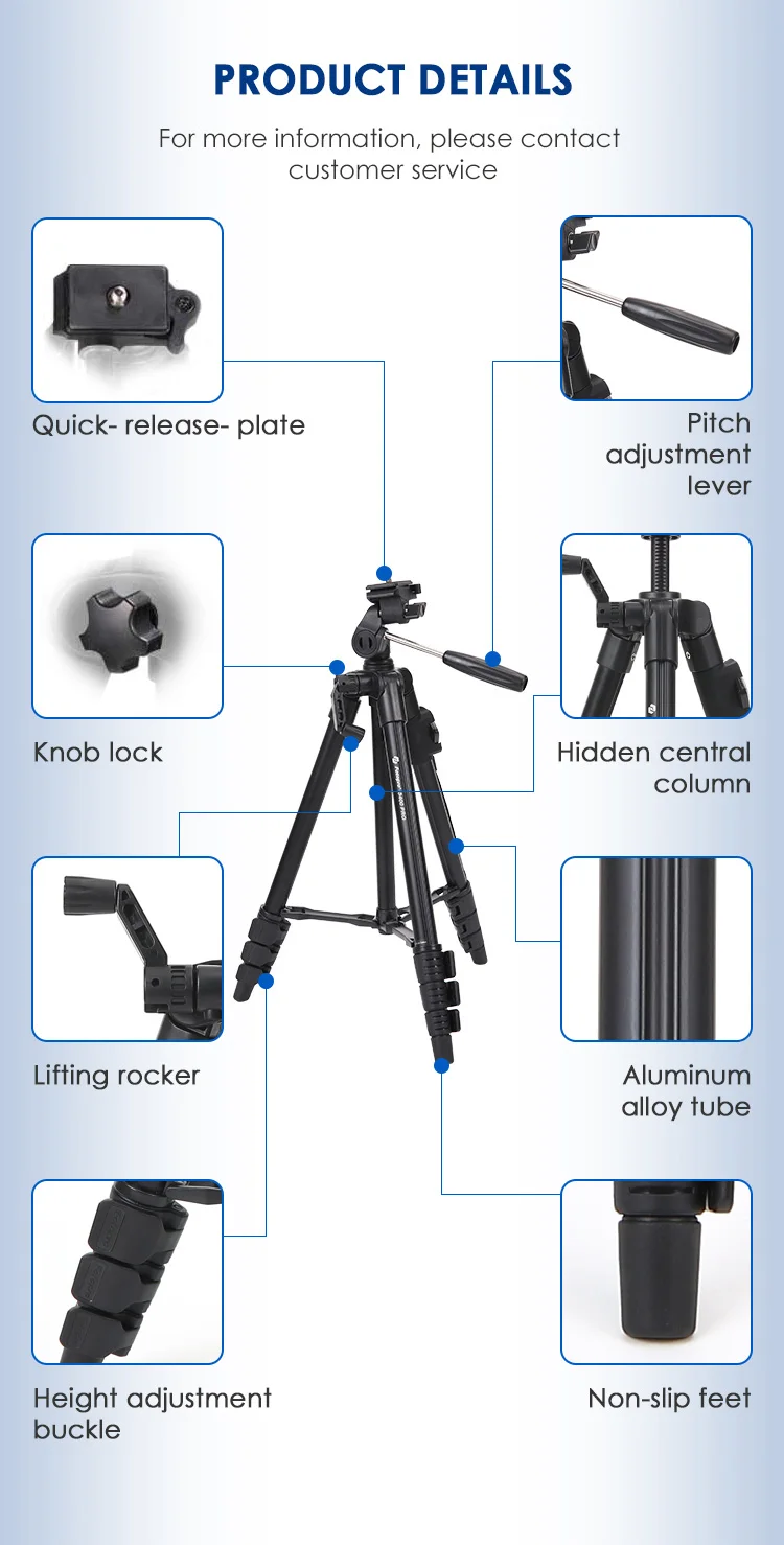 quick release plate,pitch adjustment lever,knob lock,hidden central column,lifting locker aluminum alloy tube,height adjustment buckle,non-slip feet