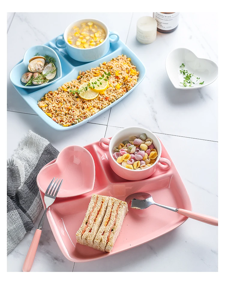 3 Compartment Ceramic Fast Food Dish Students Canteen Food Plate Separation Plate One Person
