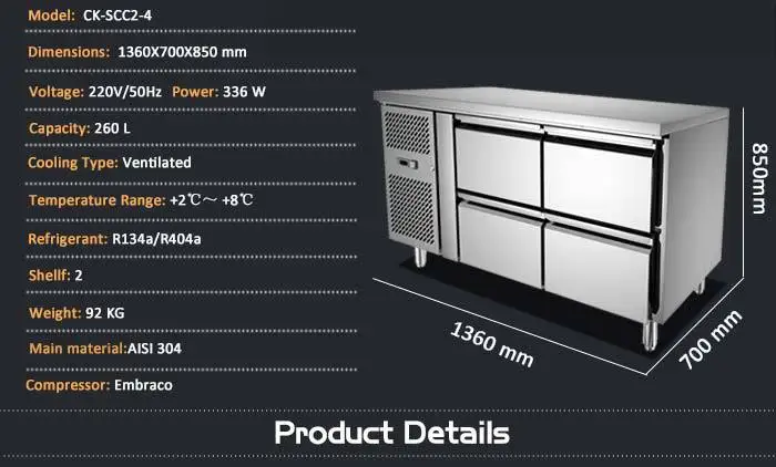 260l Restoran Stainless Steel 4 Laci Kulkas Harga Komersial 260l Restoran Stainless Steel 4 Laci Kulkas Harga Komersial Dapur Lemari Es Horisontal