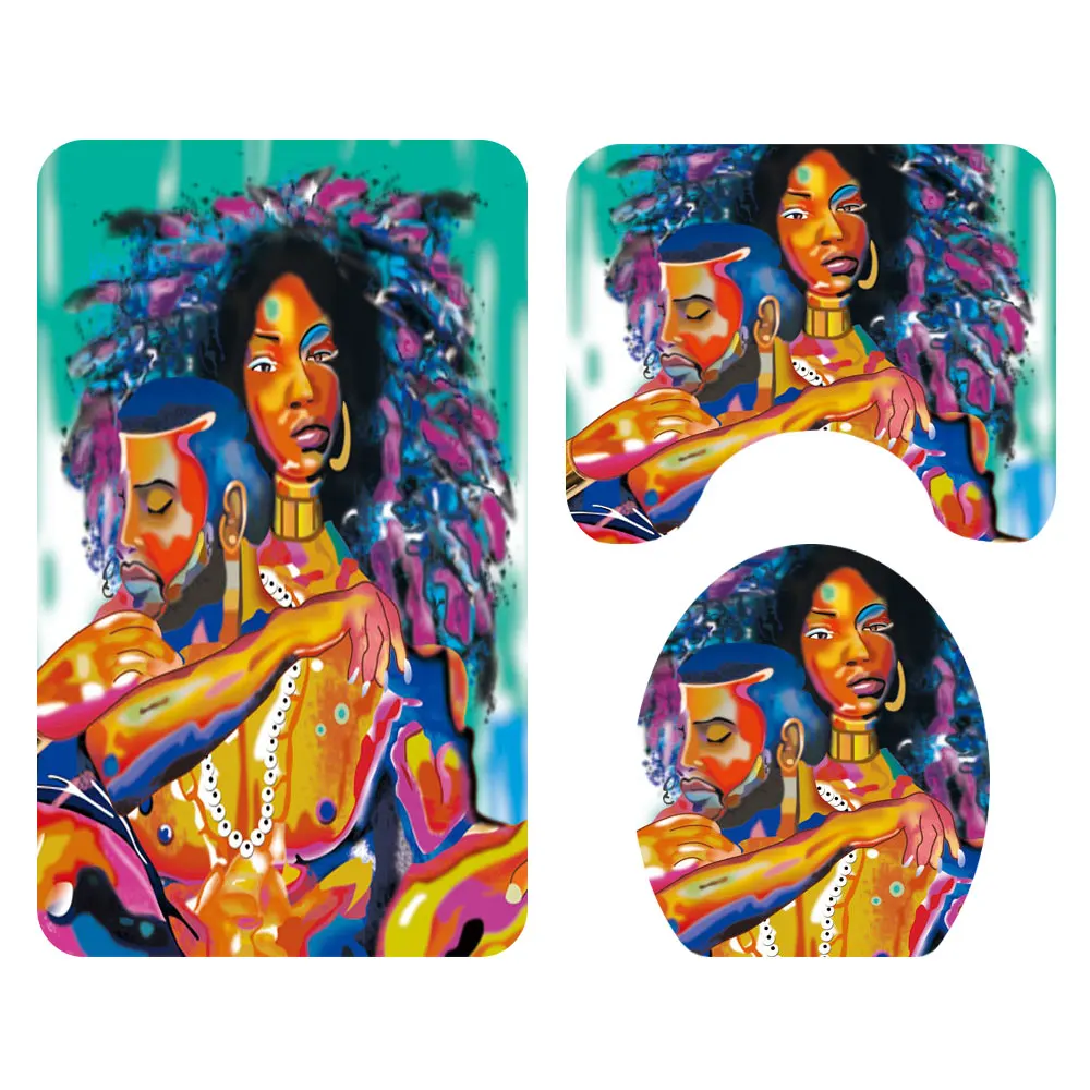 Amazon African men and women customer printed 3 pcs bathroom rug mat match with shower curtain