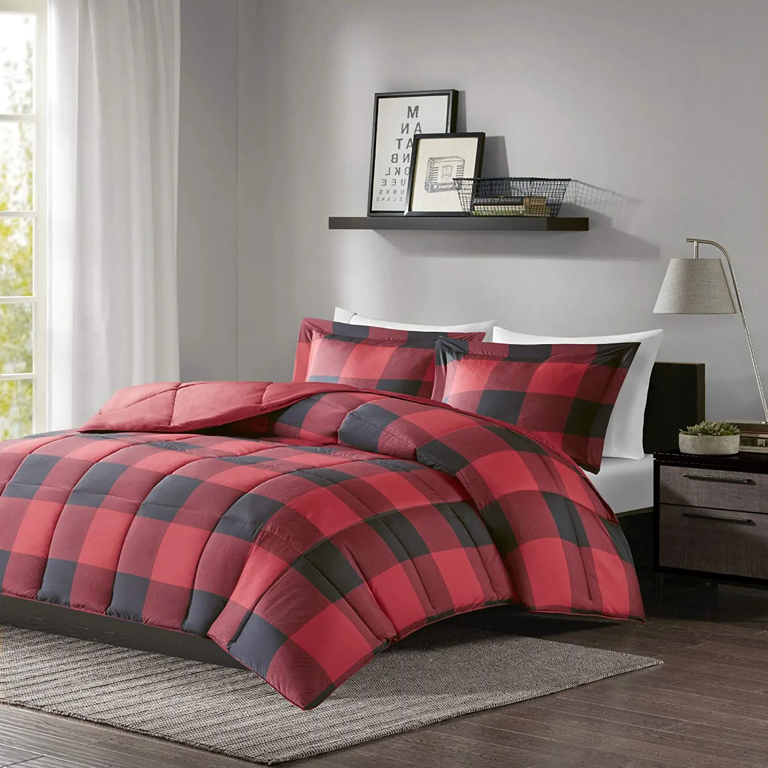 MPN 3 Piece Black Red Plaid Comforter Full Queen Set, Cabin Themed Bedding Lumberjack Pattern Squares Lodge Rustic Cottage Tartan Checkered Checked Lightweight, Microfiber