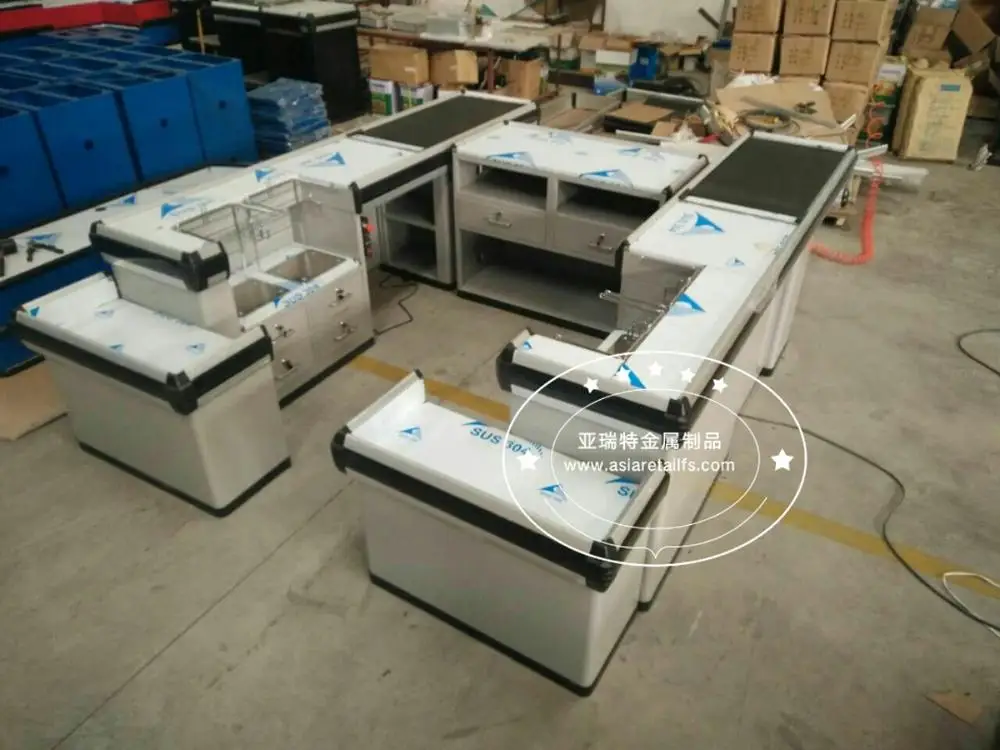 Supermarket Cash Register Stand With Conveyor Belt With Rotating Bag Holder Buy Rotating Bag