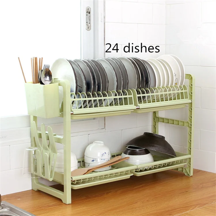 Kitchen Counter Plastic 2 Tier Dish Rack With Drainboard Utensils