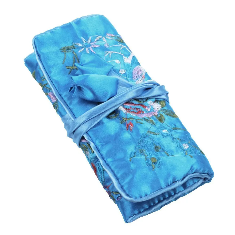 Gracallet/® Light Green Soft Silk Embroidery Brocade Peony Floral Print Fabric Jewelry Roll Travel Organizer