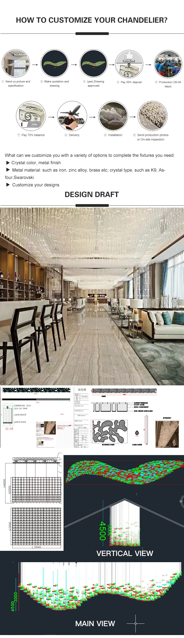 Customized design hotel lobby large classic luxury decorative crystal chandelier