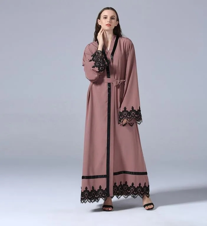 1555 Turkish  Baju  Kurung Lace Islamic Clothing Belted 