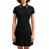 women black pique short sleeve tennis dress with pleated A-line skirt