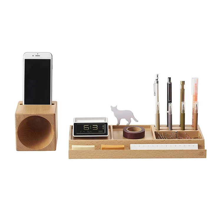 Multi Function Wood Office Desk Organizer With Phone Natural Sound