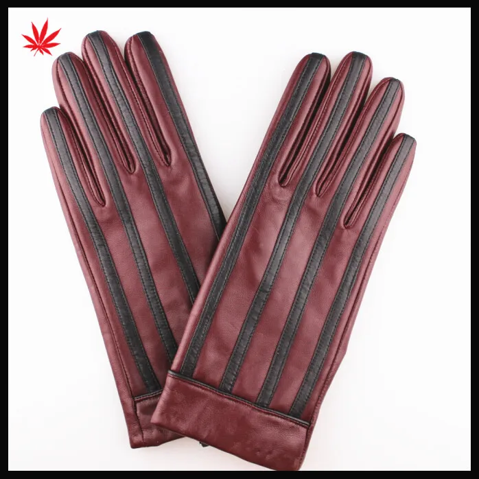 Ladies high quality fashion stripe sheepskin wine red leather gloves